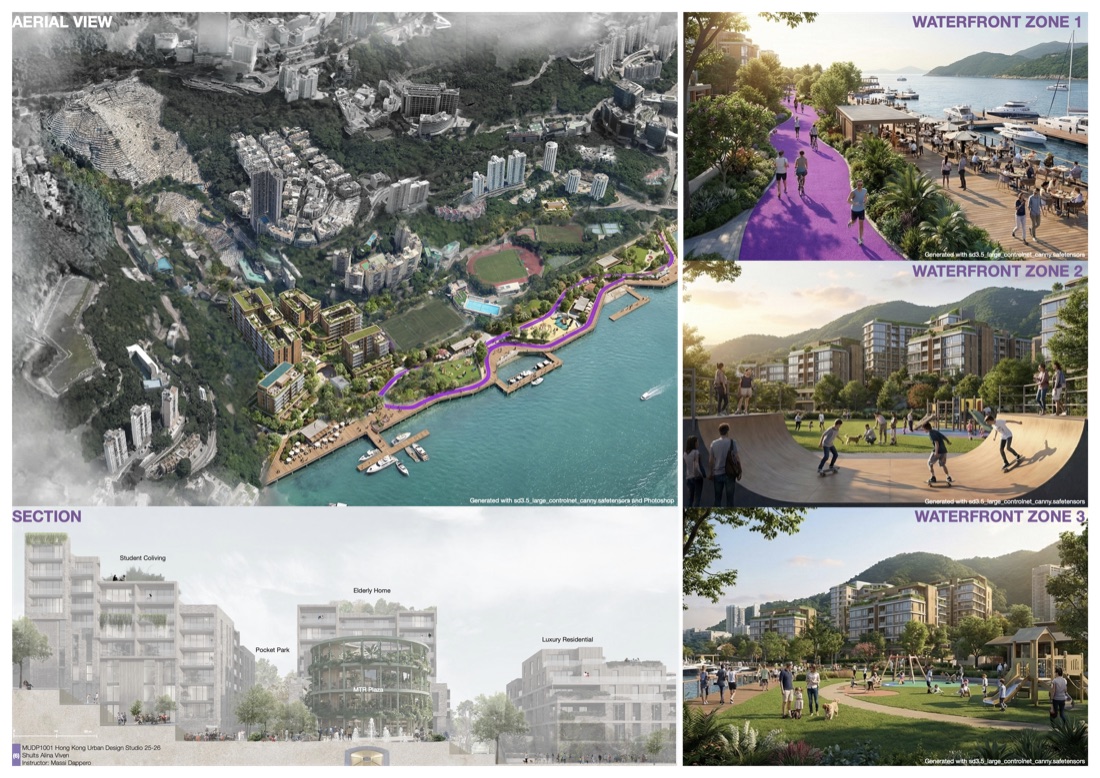 Pokfulam Waterfront panel — aerial view, activated waterfront zones, and section