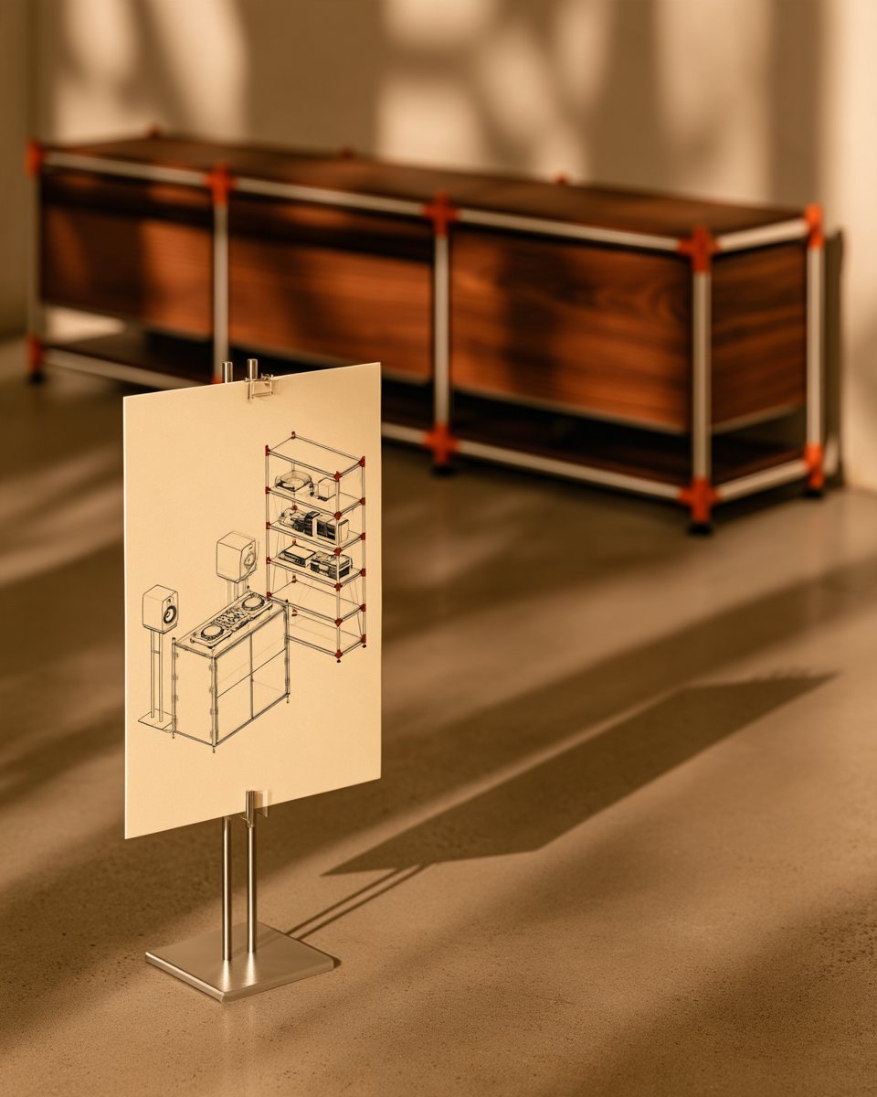 Display card with a line drawing of the modular system on a steel stand in front of a walnut sideboard