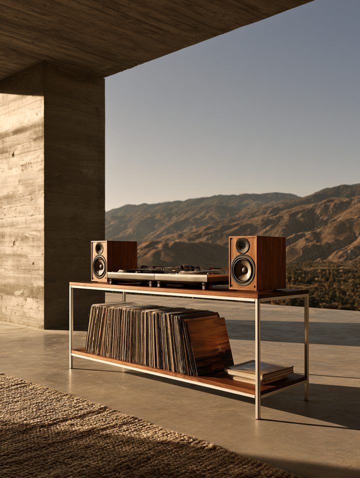 Low frame console with walnut shelves, turntables, two speakers and records under a concrete canopy facing desert mountains