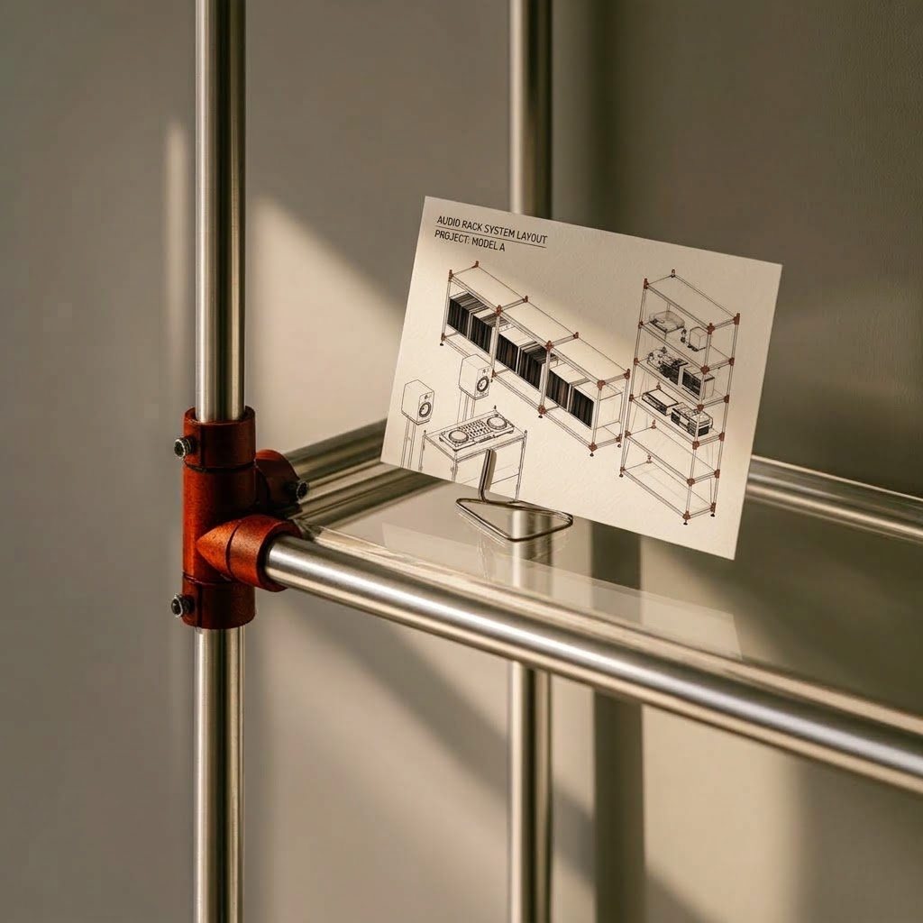 A printed card reading Audio rack system layout, Project: Model A, with an isometric drawing of record shelving, a DJ console and a tall rack, standing on a wire holder on the aluminium frame beside a rust-orange joint
