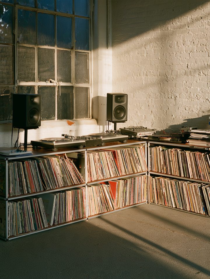 DJ decks on a long low frame shelf full of records in the corner of a brick loft