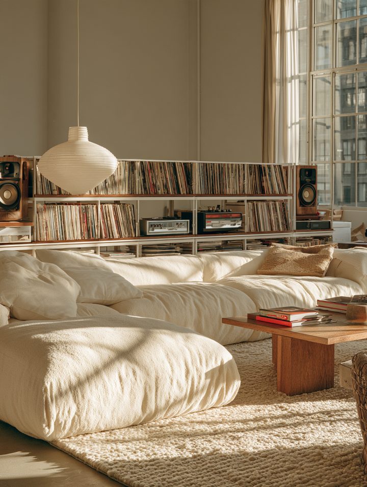 Long low frame shelf of records with a speaker at each end behind a cream floor sofa