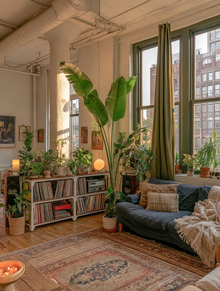 White frame shelf with records and an amplifier among plants in a sunlit loft