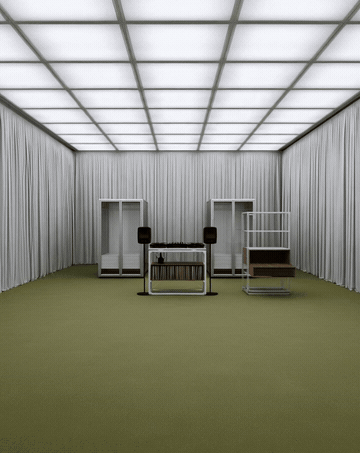 Midjourney exploration: a windowless listening room with a light-box ceiling, curtain walls, olive carpet and the modular DJ console, wardrobes and shelving