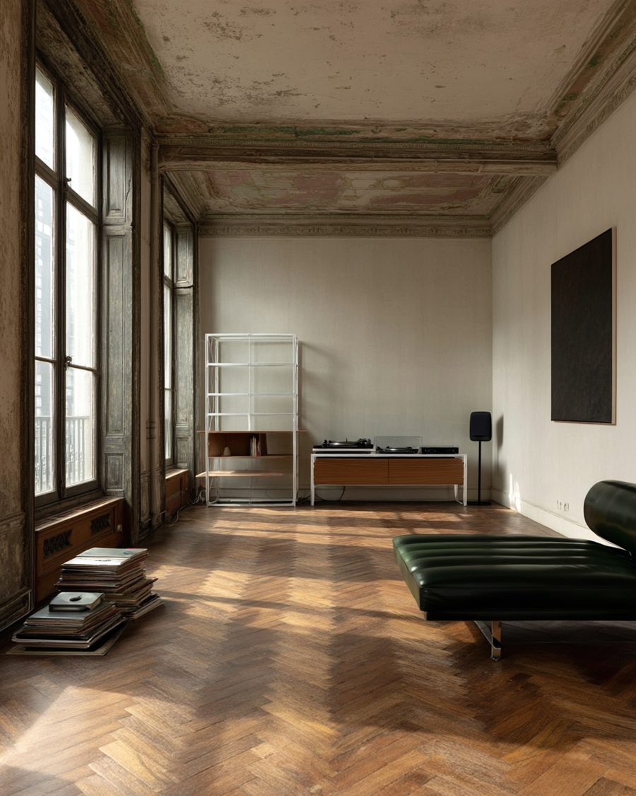 Aluminium frame shelf and low unit in a bare Parisian apartment with herringbone floor