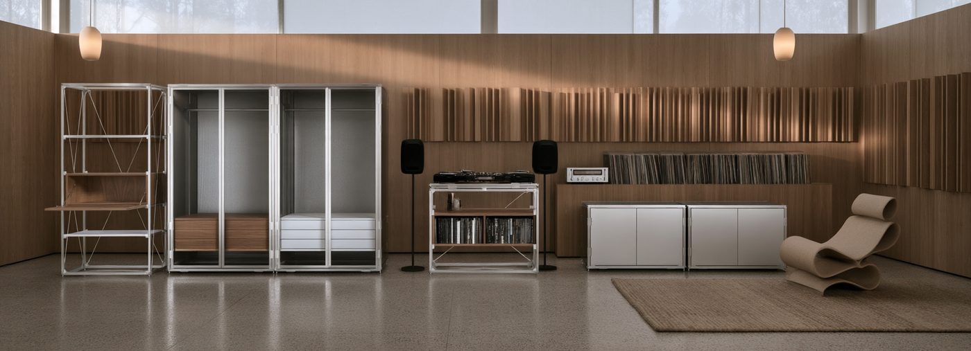 Modular aluminium wardrobes, shelf and DJ table in a wood-panelled room