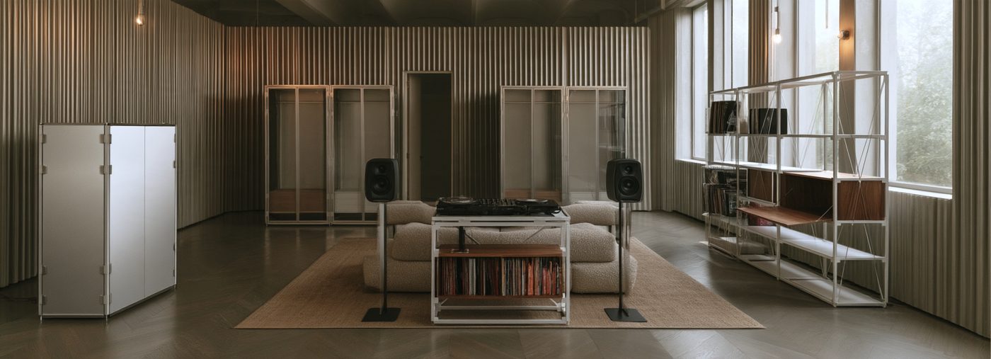DJ setup on a modular table in a corrugated-walled loft